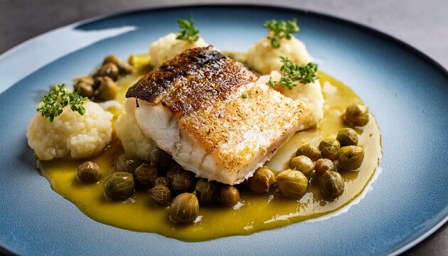 roasted monkfish tail basted in noisette butter served with caper berries charred cauliflower puree and a light poultry reduction