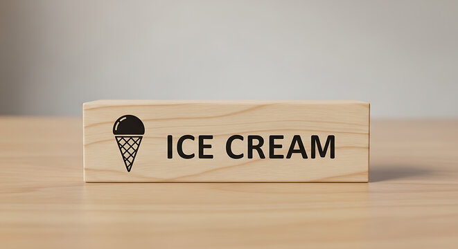 Wooden signboard with ice cream text and icon placed on wooden table