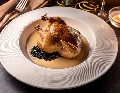 poulet de bresse en vessie bresse chicken cooked in a pigrs bladder to retain moisture and aroma served with black truffle and foie gras sauce classic french haute cuisine theatre and technique