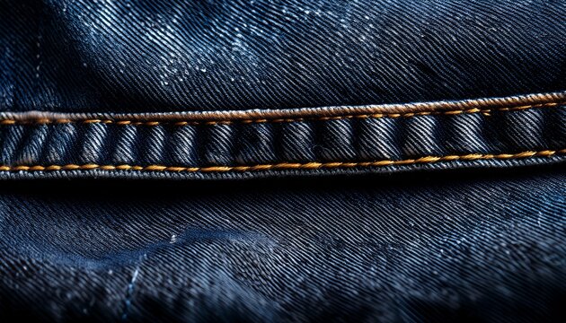 close up view of dark denim fabric showing stitching and texture