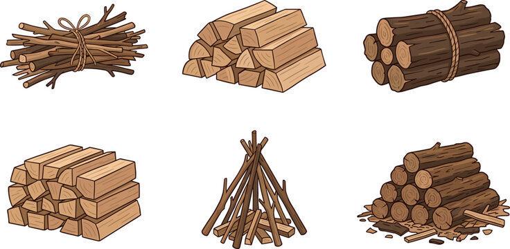 Firewood Bundle and Wooden Log Stack Collection for Campfire Heating and Rustic Nature Vector Illustration Set