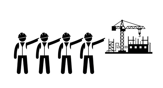 Construction Workers Pointing at Crane Building Site Silhouette,  Construction workers wearing hard hats and safety vests standing in a row and pointing uniformly towards a building construction site 