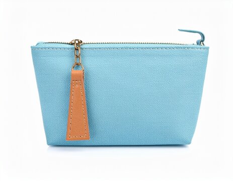 Minimalist Sky Blue Canvas Makeup Pouch with Leather Zipper Pull on White Background