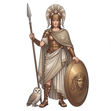 Greek goddess Athena standing in full golden armor with a spear shield and owl on white background