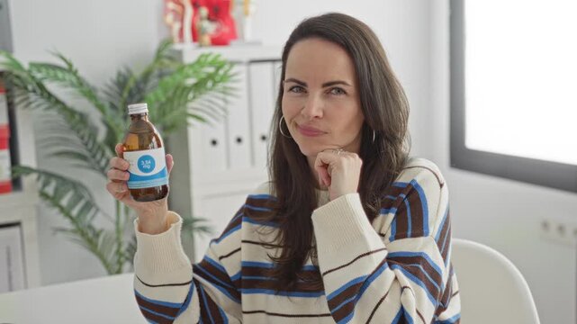 Woman holding medicine bottle, pointing index finger and presenting blue labeled bottle in a building medical office; health confidence.