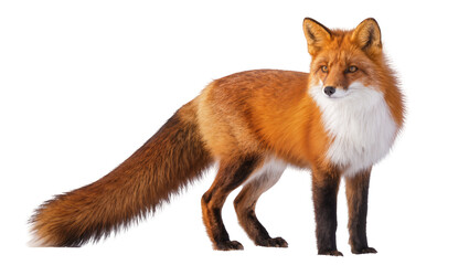 Obraz premium Isolated beautiful red fox standing elegantly, looking alert with rich fur texture and golden gaze