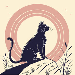 Black cat sitting on a rock during sunset illustration. © Min