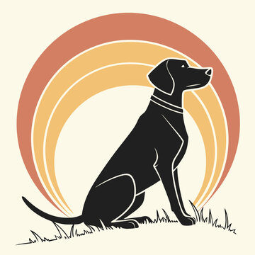 Pointer dog sitting on grass retro sunset style.