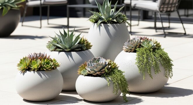Collection of Modern Concrete Planters Filled With Diverse Succulent Arrangements Outdoors