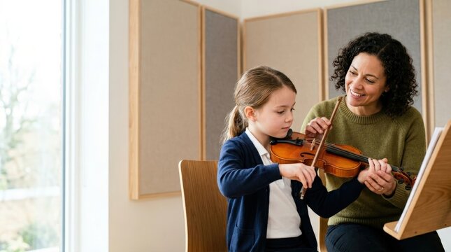 Young violin student learning bow hold with teacher in music classroom