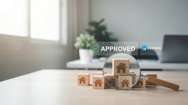 Miniature wooden house blocks on a desk with a magnifying glass and an "Approved" leasing stamp overlay.