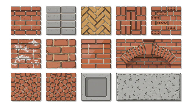 Top-Down Vector Tileset of Brick and Masonry Wall Textures with Mortar Joints on White Background