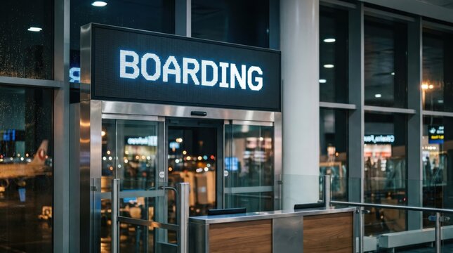 An illuminated airport boarding gate sign inside a modern terminal at night, with reflections on glass and blurred lights outside.
