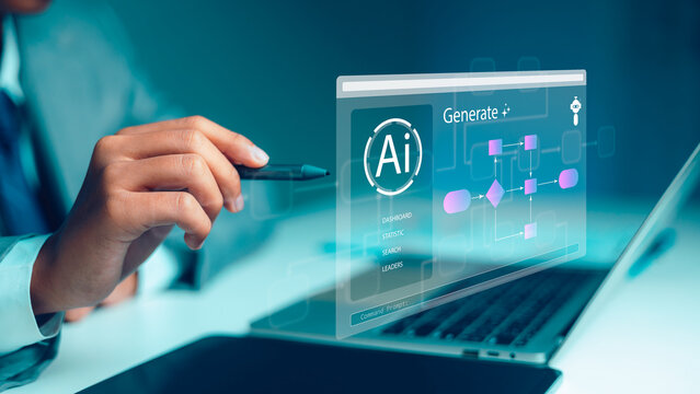 Businessman using a stylus pen with virtual interface of AI generative process, workflow automation and command prompt on laptop for smart business technology concept.
