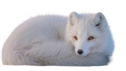 Isolated beautiful arctic fox with fluffy white fur curled up resting in winter © Oisin