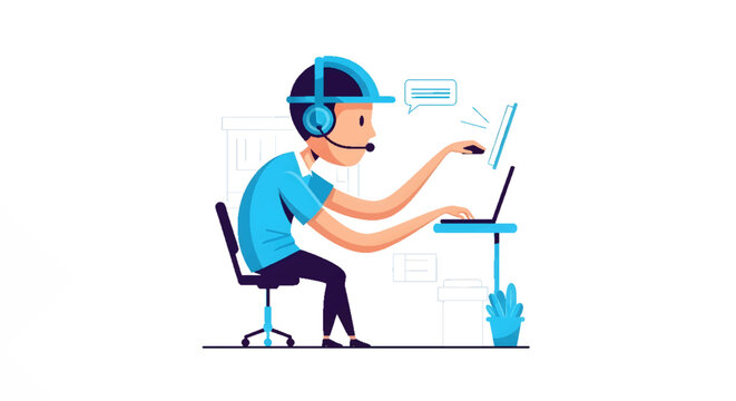 Customer service representative working on laptop with headset, providing online support via chat. Vector illustration of a man with helmet and microphone.