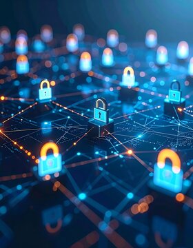 Network security, numerous padlocks on a digital network