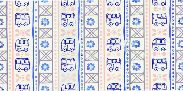 geometric tile pattern with buses and floral motifs colorful illustration