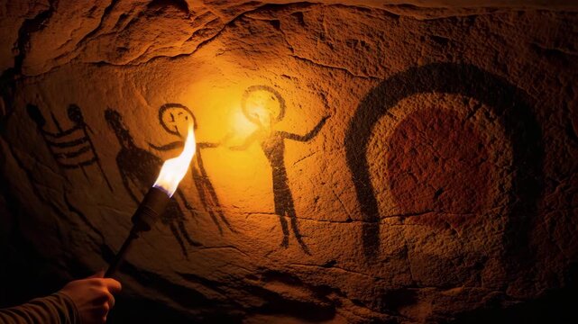 Ancient cave paintings illuminated by torchlight in dark cavern  