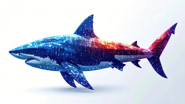 Digital great white shark illustration over a white backdrop