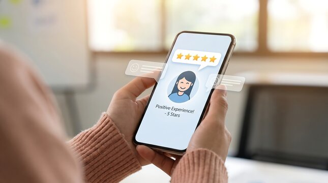Close-up of person holding smartphone showing a customer profile with star ratings and positive feedback in a chat bubble customer review social media feedback