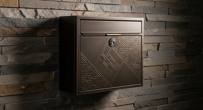 Dark bronze modern mailbox with intricate geometric patterns mounted on a textured stone wall exterior