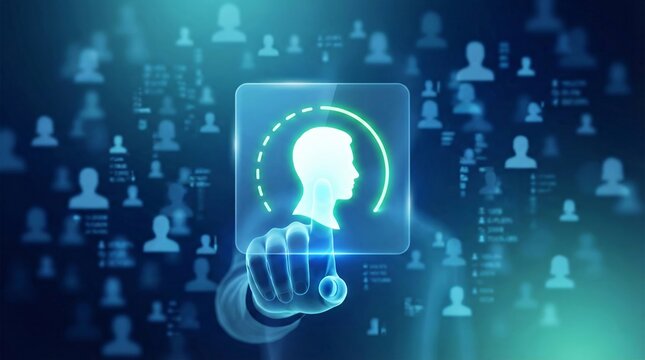 Businessman hand selecting user profile hologram representing AI-driven customer targeting, personalization, and marketing automation for data analysis, engagement, and digital business strategy.