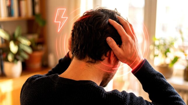 A man holds his head in pain, indicating a headache or stress, with red and lightning bolt graphics emphasizing discomfort or tension.