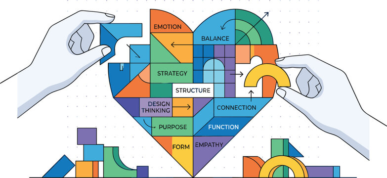 Hands building heart with geometric blocks featuring emotion strategy design thinking empathy and balance for business branding creative agency and emotional intelligence vector illustration.