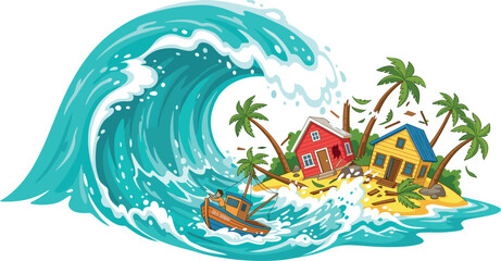 Tsunami Disaster Vector Illustration with Giant Ocean Wave Destroying Tropical Island Houses and Coastal Environment Scene © Danial