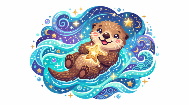 Happy sea otter holding a bright star and floating on a cosmic ocean wave, vector illustration.