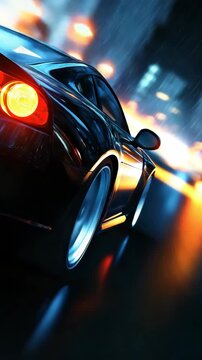 A sports car drives at night in a city. The lights of the buildings and streets shine bright. The car moves quickly through the dark streets with reflections on the road