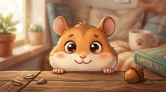 Cute Hamster Peeking Over Wooden Table with Warm Background.