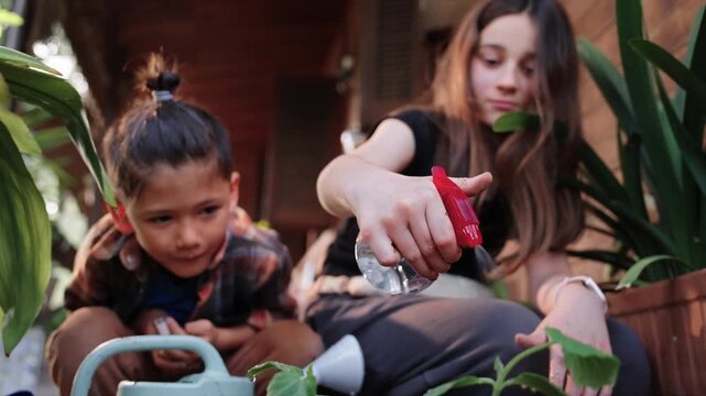 Two multiethnic children watering a young plant in garden with watering can learning teamwork sustainability and outdoor activity