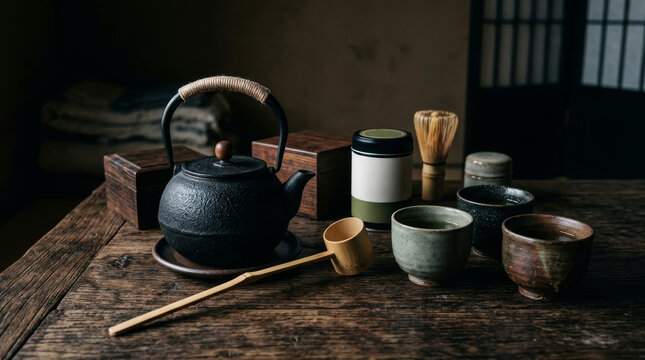 A serene tea setup featuring a cast iron teapot, traditional tea utensils, and elegant ceramic cups arranged on a rustic wooden table.