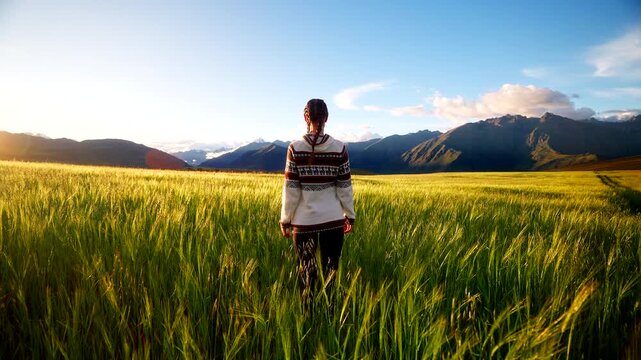 Adventurous female stands in swaying tall grass field of Sacred Valley at sunset