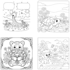 Fototapeta premium Cute cartoon giraffe and turtle for coloring book vector illustration line art white background