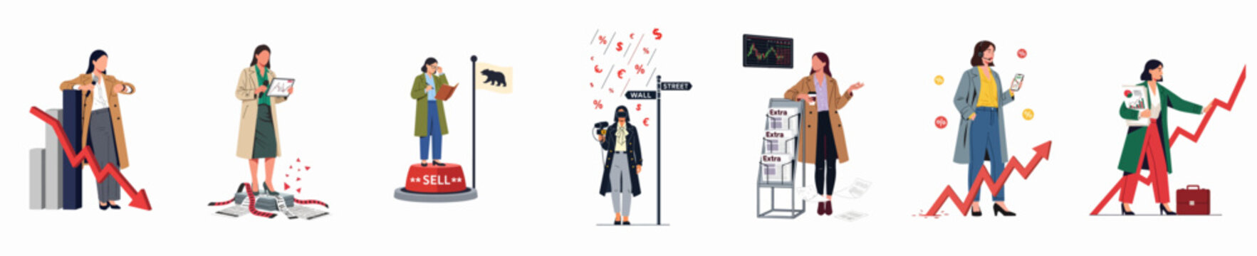 Set of professional businesswomen illustrations representing various stock market concepts, financial trading trends, market analysis, and economic news.