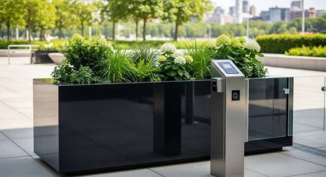 Modern outdoor security station next to a polished granite planter box with lush greenery and urban backdrop