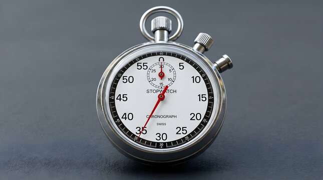 Close-up of a classic silver stopwatch with a white face and red second hand on a dark gray background.