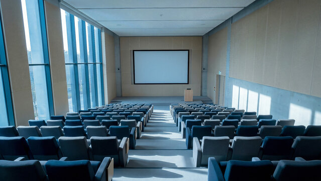 Modern empty lecture hall auditorium with rows of blue seats bright sunlit cool atmospheric vision perfect for corporate seminar training presentation branding mockup