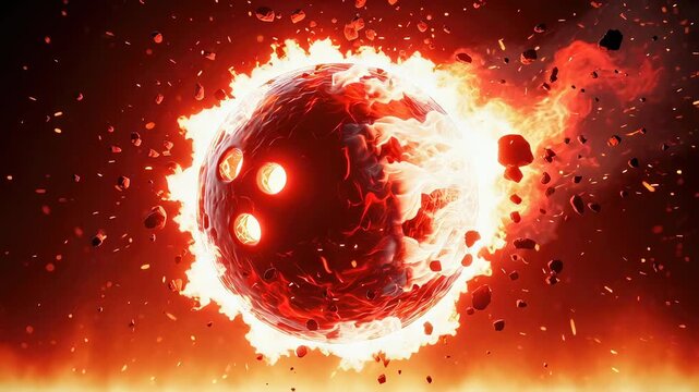 Flaming bowling ball moving through space. Sphere engulfed in fire with debris flying around. Concept of intense speed and power in sports for competitive game.