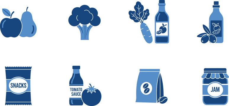 Assorted pantry staples vector icons including fruit vegetables condiments bottled juice coffee and snacks pack.
