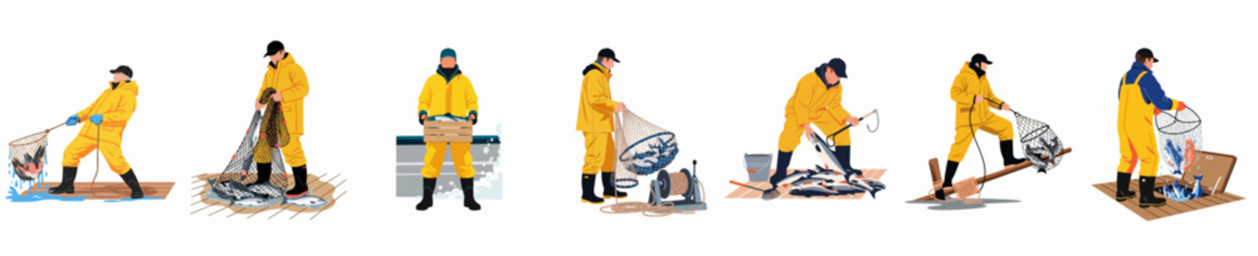 Vector illustration set of commercial fishermen in yellow waterproof gear hauling nets and processing fresh fish catch on a white background.