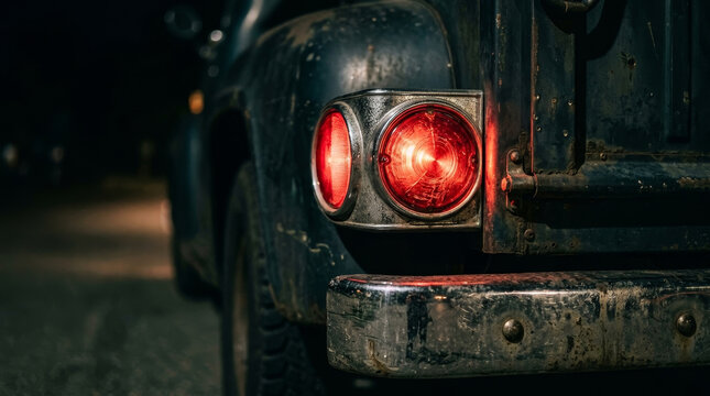 A close-up of a vintage truck?s rear light, illuminated against a dark backdrop, showcasing its weathered charm and rugged texture.