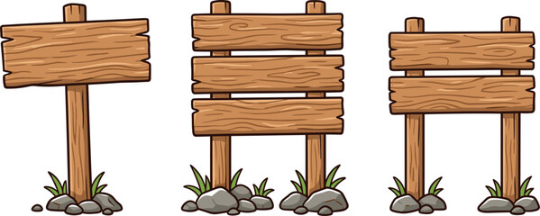 Wooden Blank Signboard Collection Vector Illustration Featuring Rustic Outdoor Boards and Empty Direction Sign Templates © Danial