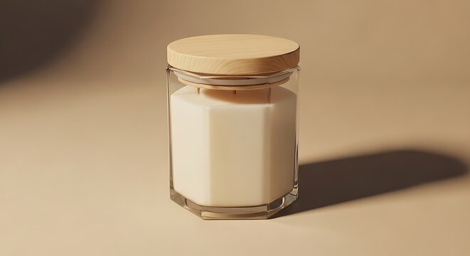 A single glass candle jar with a light wooden lid standing on a smooth beige surface with shadow. hexagonal jar mockup