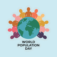 Naklejka premium Population day with a globe surrounded by colorful human silhouettes in a circle, the Earth planet