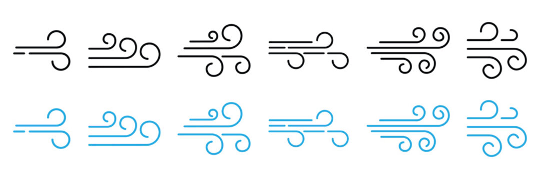 Collection of Wind air line icon set. Curved lines, breeze, movement, swirling air, spiral motion and more. Swirl cloud for motion design. Black and blue vector style. Vector illustration.  
