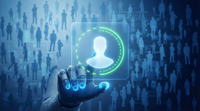 Robotic hand pointing at holographic icon of client profile. Concept of marketing automation system for audience targeting personalization and digital customer engagement.